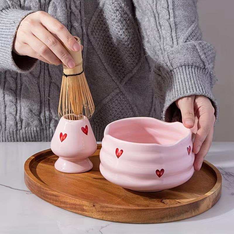 Matcha Whisk Set - 【2/4/5Pcs Cute Heart Decal Ceramic Matcha